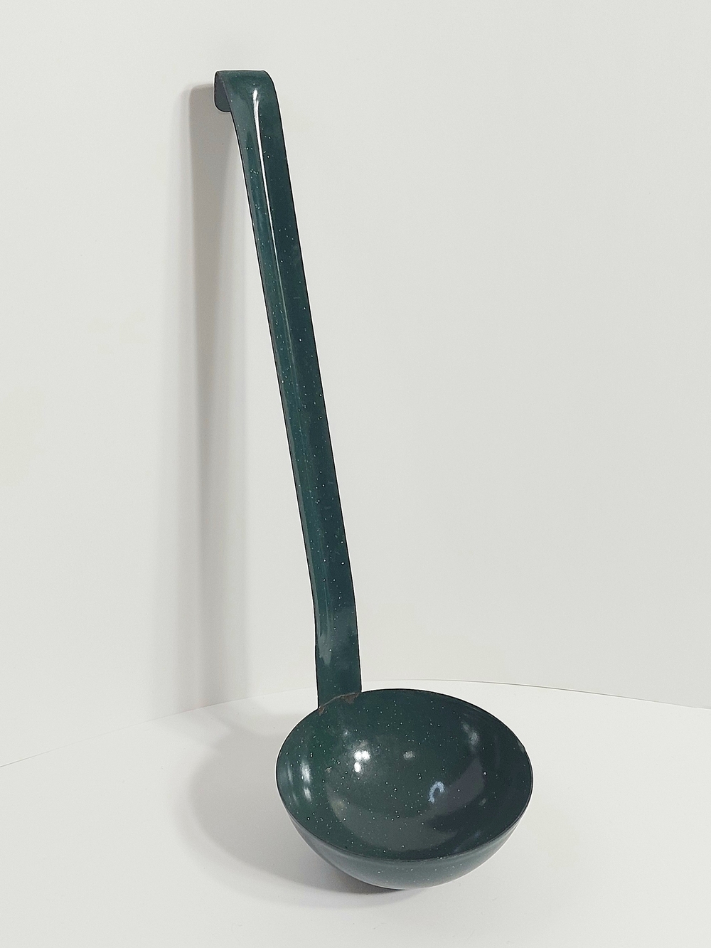 Vintage Speckled Green Enamelware Ladle with A Long Metal Handle - Kitchen Ware